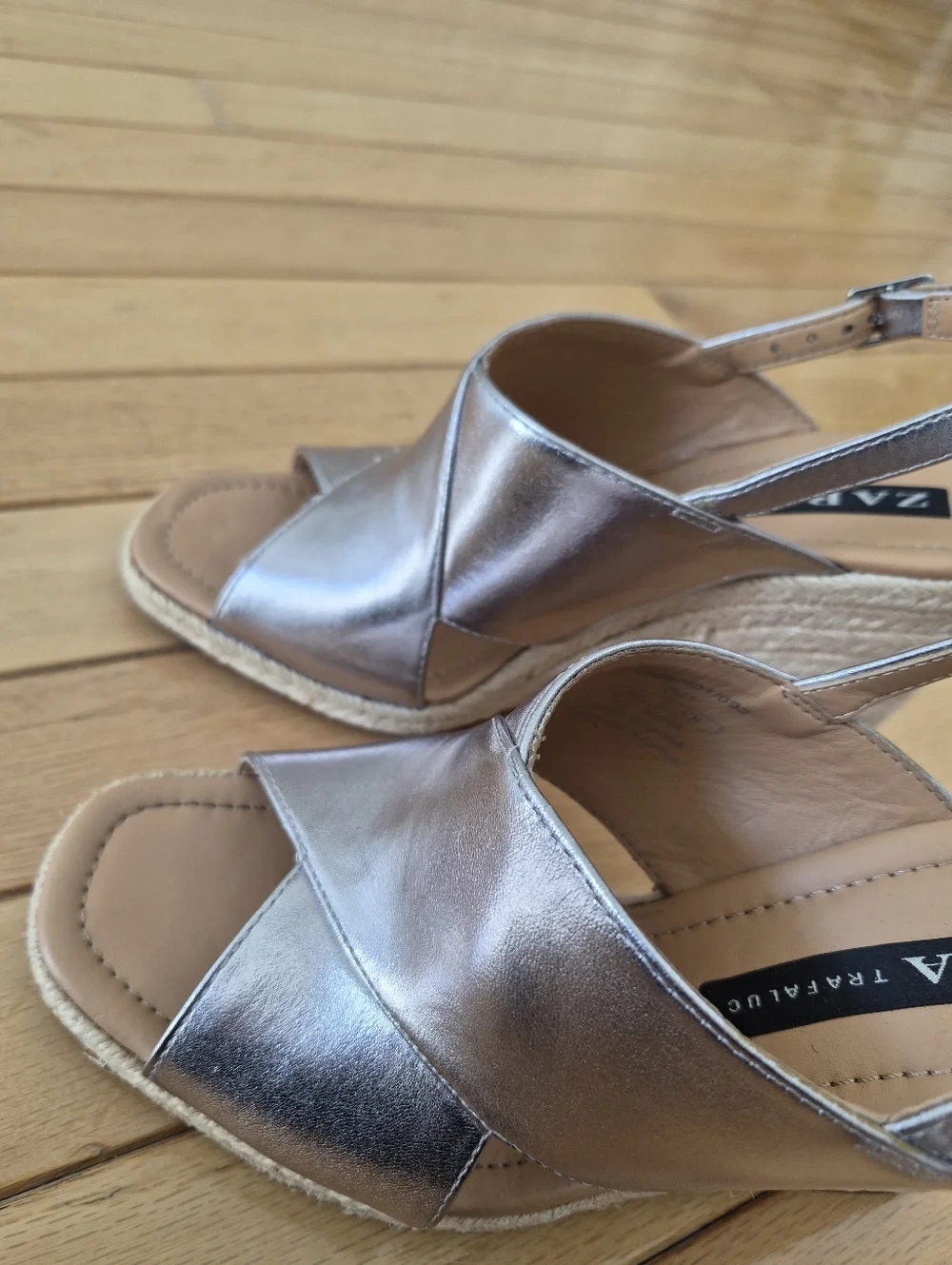 Zara TRF Metallic Silver Espadrille Wedge 37 Sandals Slingback Platform Mrtallic - Picture 12 of 15